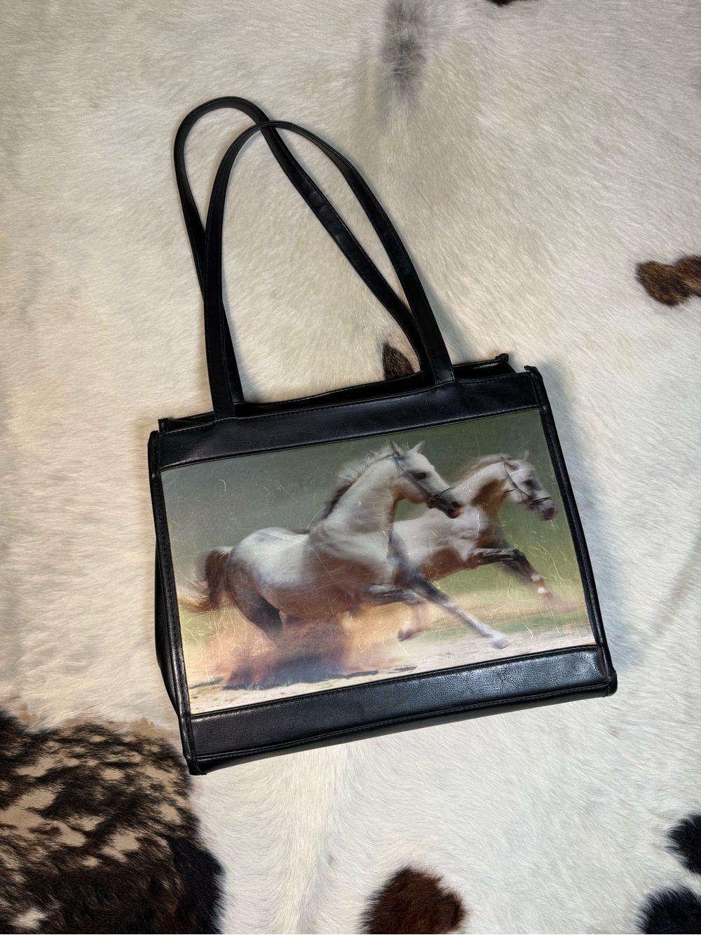 Vintage Horse Print Faux Leather Shoulder Bag
